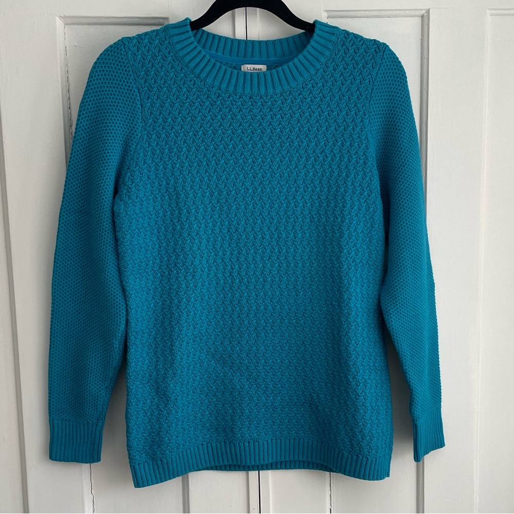 L.L. Bean Women's Peacock Teal Blue Sweater Texture Knit 100% Cotton EUC Medium